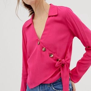 Hot Pink Wrap Top with Buttons & Side Tie